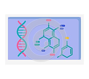 DNA helix and chemical structures on a purple background. Genetics research and molecular biology concept vector