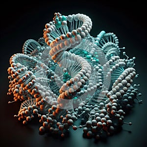 DNA helix, gene molecule and genetic chromosome cell, 3D spiral loop. Human DNA molecule blue light on black background