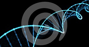 DNA helix, gene molecule and genetic chromosome cell, 3D spiral loop. Human DNA molecule blue light on black background