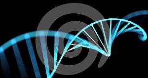 DNA helix, gene molecule spiral loop, 3D genetic chromosome cell. DNA molecule spiral of blue light on black background for