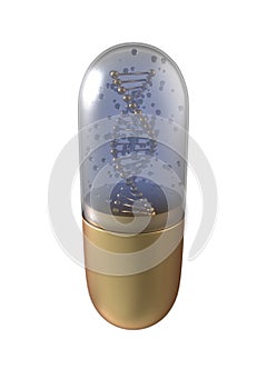 DNA helix inside pill capsules standing 3d illustration