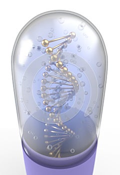 DNA helix inside pill capsules standing 3d illustration