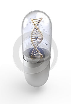 DNA helix inside pill capsules standing 3d illustration