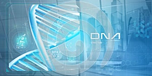 DNA helix model on a light blue background, 3D render.