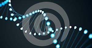DNA helix spiral, gene chromosome molecule, genetic cell 3D blue light loop on black background. DNA molecule for molecular photo