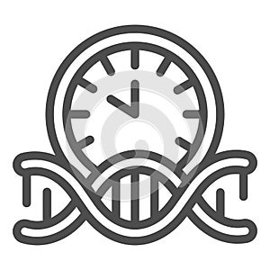 DNA human clock line icon, human health concept, dna with alarm clock sign on white background, dna time icon in outline