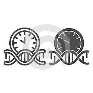 DNA human clock line and solid icon, human health concept, dna with alarm clock sign on white background, dna time icon