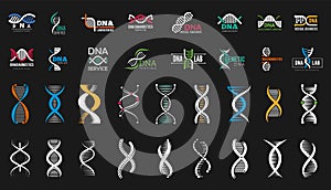 DNA icons. Medical genetic lab, science labels and biotechnology research symbols. People health vector elements