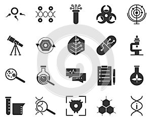 Dna, info. Bioengineering glyph icons set. Biotechnology for health, researching, materials creating. Molecular biology,