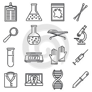 Dna investigation laboratory icons set, outline style