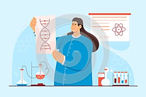 DNA laboratory research and analysis of female scientist, woman holding DNA helix model