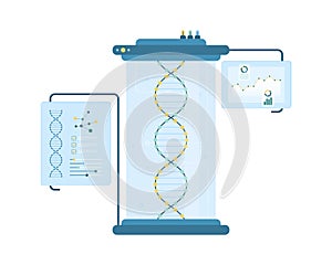 DNA laboratory research, scientific lab equipment with DNA helix inside to study genome