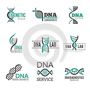 Dna logo. Genetic science symbols helix biotech vector business identity