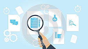 Dna, magnifier file, document research vector illustration. Document with search icons. File and magnifying glass. Analytics