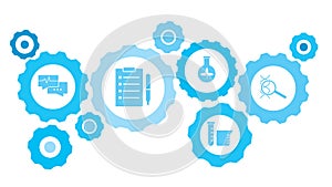 Dna, magnifier gear blue icon set. Connected gears and vector icons for logistic, service, shipping, distribution, transport,