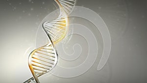 DNA model with golden glow on a light gray background, 3D render.