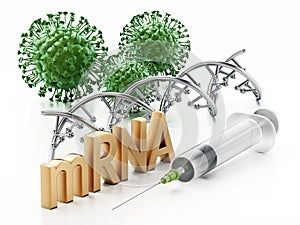 DNA model, syringe, virus model and mRNA text isolated on white background. 3D illustration