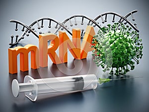 DNA model, syringe, virus model and mRNA text standing on gray surface. 3D illustration