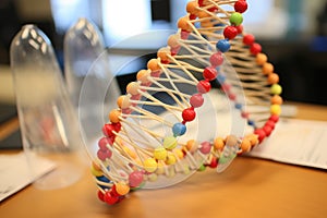 DNA model on table in laboratory. Biochemistry and molecular biology concept, A 3D model of a DNA strand in biology class, AI