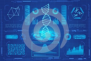 DNA modern neon light hologram vector illustration. Microbiology, genetic biotechnology, gene cell. DNA data graphs