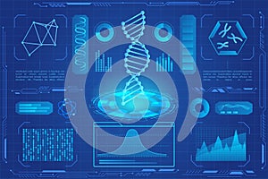 DNA modern neon light hologram vector illustration. Microbiology, genetic biotechnology, gene cell. DNA data graphs photo