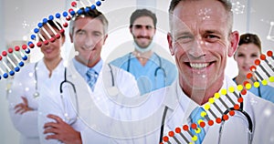 DNA and molecular structures moving against team of doctors