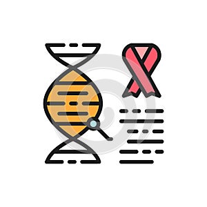 Dna molecule with cancer cells, malignant tumor, oncology flat color line icon.