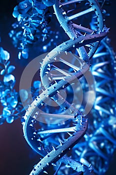 DNA molecule helix spiral on blue background. Genetics biotechnology and science. Eco concept for medical, research and