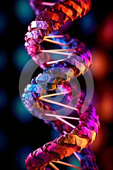 DNA molecule helix spiral on neon background. Genetics biotechnology and science. Eco concept for medical, research and