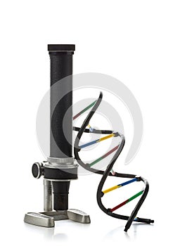 DNA molecule model with old microscope over white background
