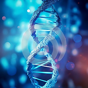 DNA molecule structure. 3d render on blue bokeh background.