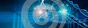 DNA molecule structure. Dna double helix. Medical science research of chromosome DNA genetic biotechnology in human genome cell.