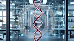 DNA Molecule on Transparent Digital Screen in Modern Laboratory, Science Background.