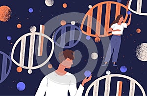 DNA molecules, man and women holding genes. Concept of scientific research in ancestry genetics, genomics, genome photo