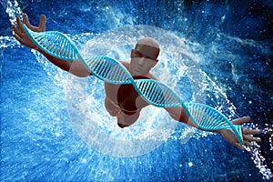 DNA molecules and men in 3D illustration.