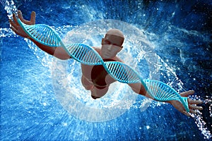 DNA molecules and men in 3D illustration.