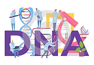 Dna research with gene in laboratory, vector illustration. Biothenology science work, man woman character study molecule