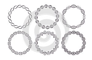 DNA round frames. Circle framing with genome helix structure isolated on white background vector set. Six pattern