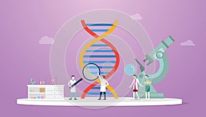 Dna science analysis concept with team doctor scientist and big dna with modern flat style - vector