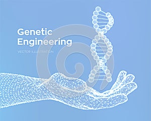 DNA sequence in hand. Wireframe DNA molecules structure mesh. DNA code editable template. Science and Technology concept. Vector