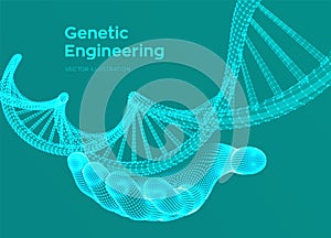 DNA sequence in hand. Wireframe DNA molecules structure mesh. DNA code editable template. Science and Technology concept. Vector