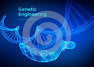 DNA sequence in hand. Wireframe DNA molecules structure mesh. DNA code editable template. Science and Technology concept. Vector