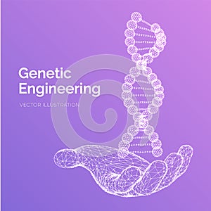 DNA sequence in hand. Wireframe DNA molecules structure mesh. DNA code editable template. Science and Technology concept. Vector