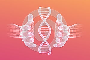 DNA sequence in hands. Wireframe DNA molecules structure mesh. DNA code editable template. Science and Technology concept. Vector