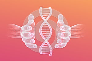 DNA sequence in hands. Wireframe DNA molecules structure mesh. DNA code editable template. Science and Technology concept. Vector