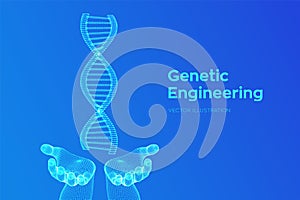 DNA sequence in hands. Wireframe DNA molecules structure mesh. DNA code editable template. Science and Technology concept. Vector