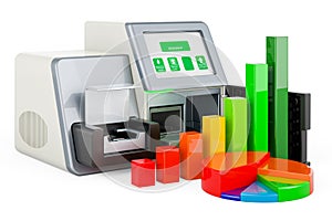 DNA sequencer with growth bar graph and pie chart, 3D rendering