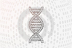 DNA spiral 3d low poly symbol with binary code background. Science design vector illustration. Genetic helix polygonal