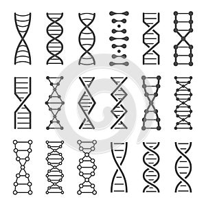 DNA spiral icon. Human genetics code, genom model and bio laboratory string spirals vector icons set