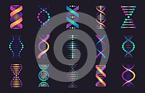 Dna spirals collection. Biotechnology and genetic research models. DNA helix and chromosome structure. Pharmaceutical